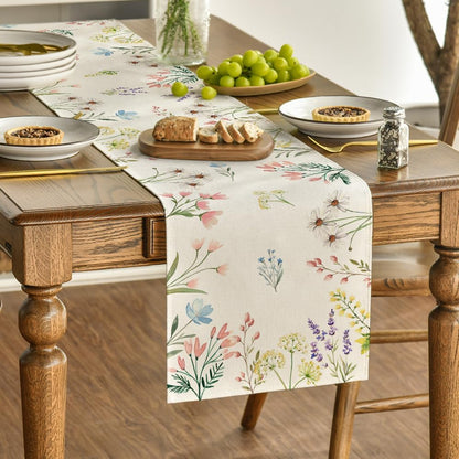 Flowers Floral Summer Table Runner, Seasonal Spring Fall Kitchen Dining Table Decoration for Home Party 13x72 V1258-DP02-B-1625