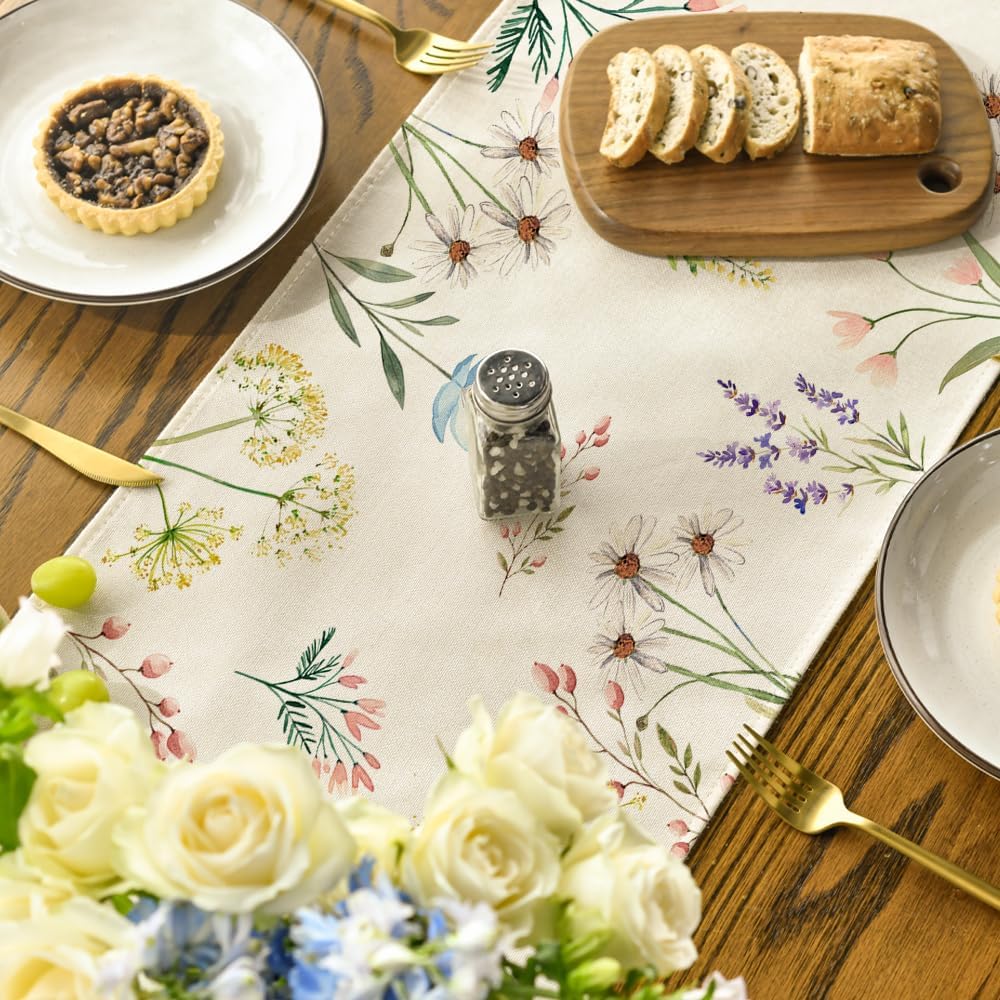 Flowers Floral Summer Table Runner, Seasonal Spring Fall Kitchen Dining Table Decoration for Home Party 13x72 V1258-DP02-B-1625