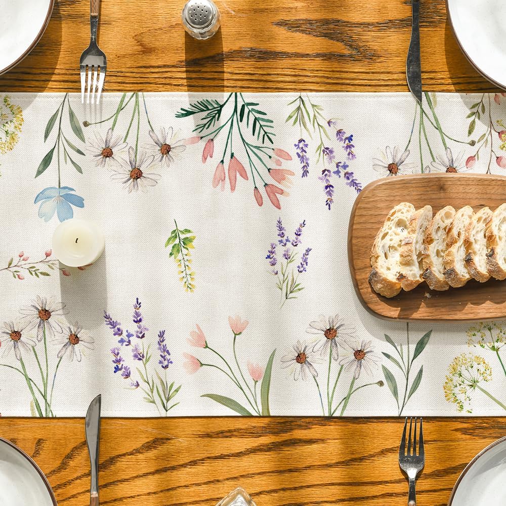 Flowers Floral Summer Table Runner, Seasonal Spring Fall Kitchen Dining Table Decoration for Home Party 13x72 V1258-DP02-B-1625