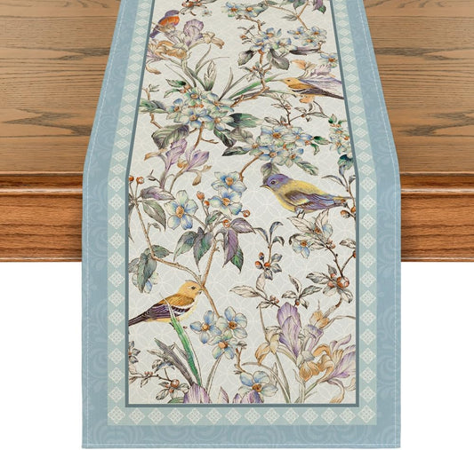 Blue Birds Flowers Blossom Table Runner, Seasonal Spring Floral Kitchen Dining Table Decoration for Home V1258-DP02-B-1626