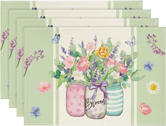 Bloom Vase Floral Spring Placemats Set of 4, 12x18 Inch Seasonal Table Mats for Party Kitchen Dining V1258-DP02-B-1627