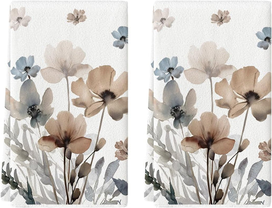 Brown Poppy Floral Leaves Spring Kitchen Towels Dish Towels, 18x26 Inch Seasonal Summer Decoration Hand V1258-DP02-B-1628