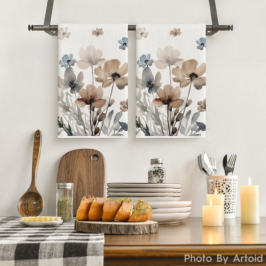Brown Poppy Floral Leaves Spring Kitchen Towels Dish Towels, 18x26 Inch Seasonal Summer Decoration Hand V1258-DP02-B-1628