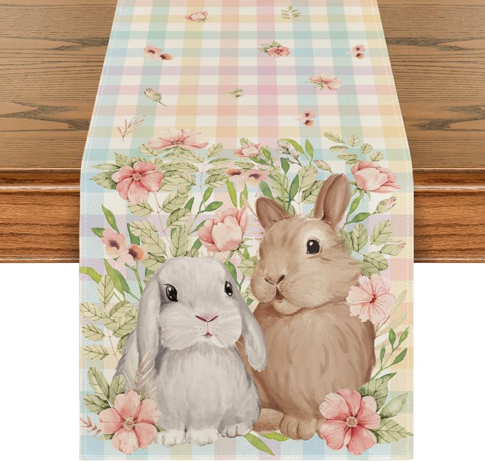 Bunny Rabbit Leaves Floral Easter Table Runner, Seasonal Spring Kitchen Dining Table Decoration for Home V1258-DP02-B-1629