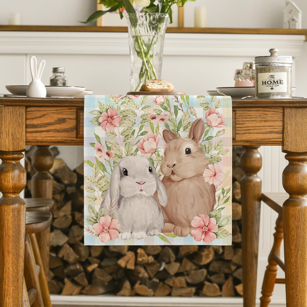Bunny Rabbit Leaves Floral Easter Table Runner, Seasonal Spring Kitchen Dining Table Decoration for Home V1258-DP02-B-1629