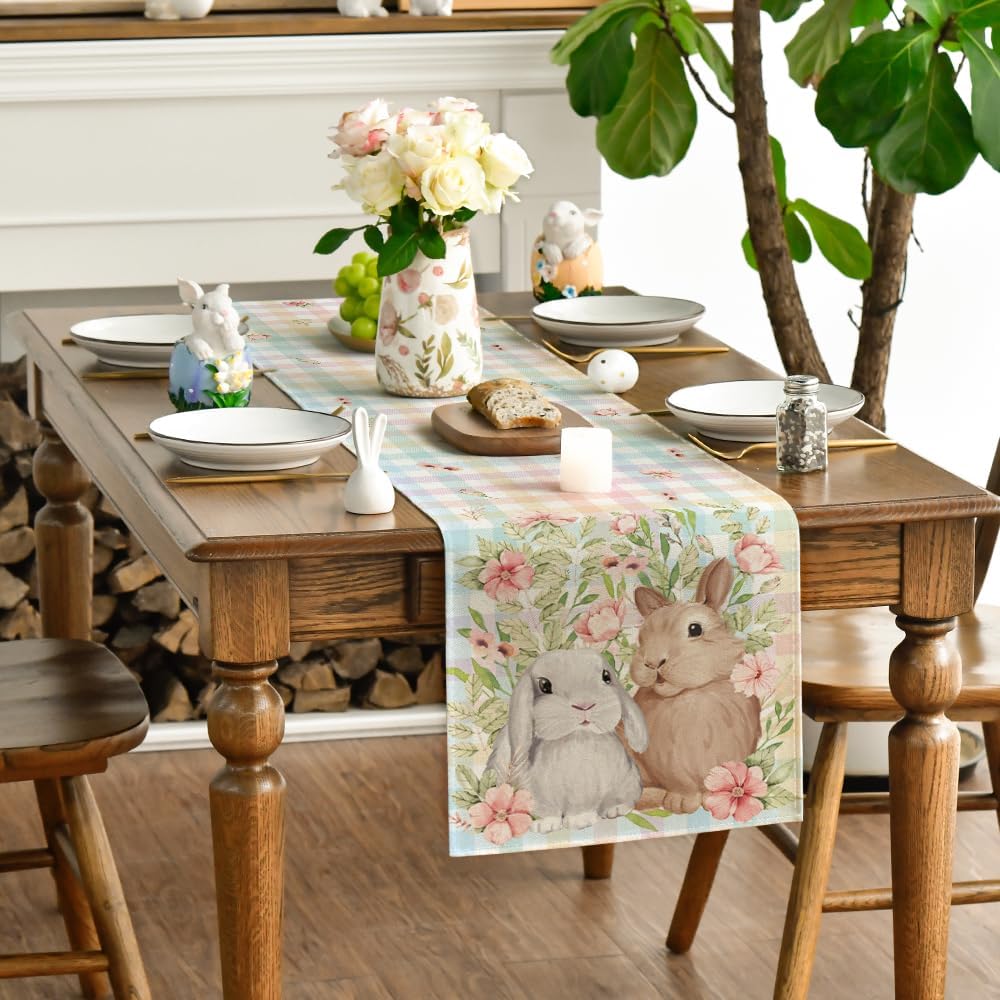 Bunny Rabbit Leaves Floral Easter Table Runner, Seasonal Spring Kitchen Dining Table Decoration for Home V1258-DP02-B-1629