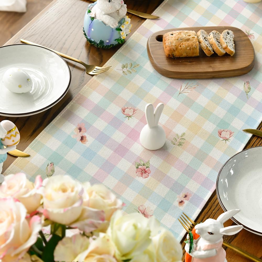 Bunny Rabbit Leaves Floral Easter Table Runner, Seasonal Spring Kitchen Dining Table Decoration for Home V1258-DP02-B-1629