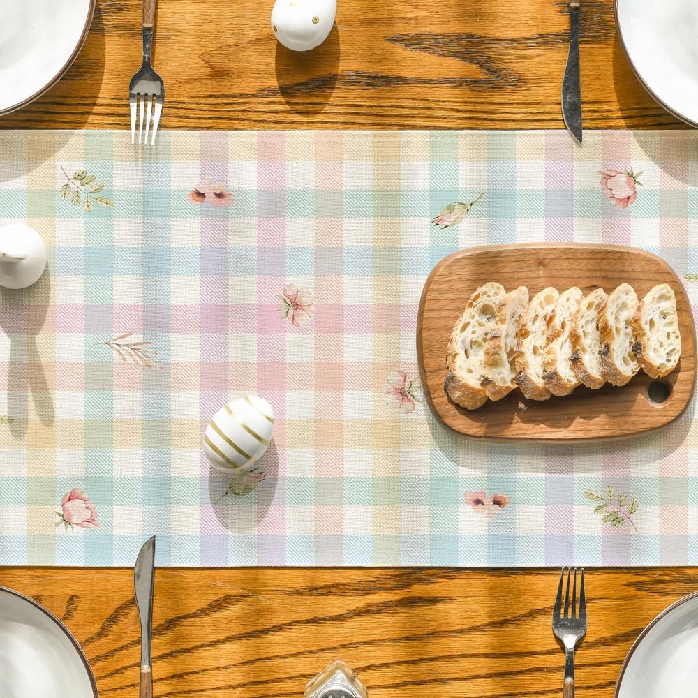 Bunny Rabbit Leaves Floral Easter Table Runner, Seasonal Spring Kitchen Dining Table Decoration for Home V1258-DP02-B-1629