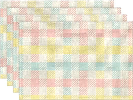 Blue Pink Yellow Buffalo Plaid Placemats Set of 4, 12x18 Inch Seasonal Easter Table Mats for Party Kitchen V1258-DP02-B-1630