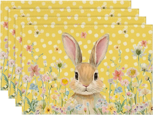 Yellow Bunny Polka Dot Easter Placemats Set of 4, 12x18 Inch Flower Seasonal Spring Holiday Table Mats for V1258-DP02-B-1631