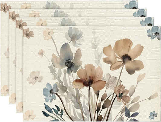 Brown Poppy Floral Leaves Fall Placemats Set of 4, 12x18 Inch Seasonal Spring Table Mats for Party Kitchen V1258-DP02-B-1632