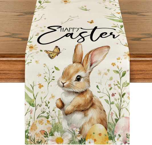 Bunny Rabbit Butterfly Eggs Flowers Easter Table Runner, Seasonal Spring Kitchen Dining Table Decoration for V1258-DP02-B-1633