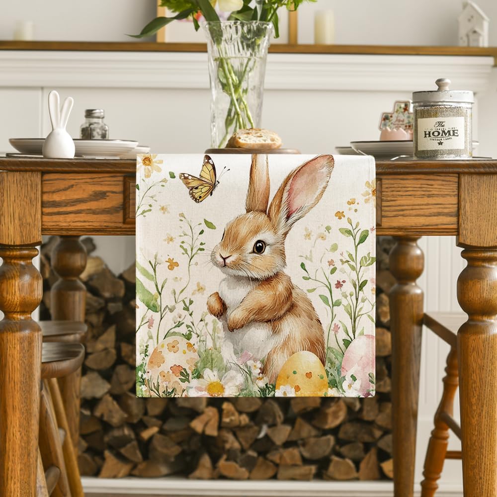 Bunny Rabbit Butterfly Eggs Flowers Easter Table Runner, Seasonal Spring Kitchen Dining Table Decoration for V1258-DP02-B-1633