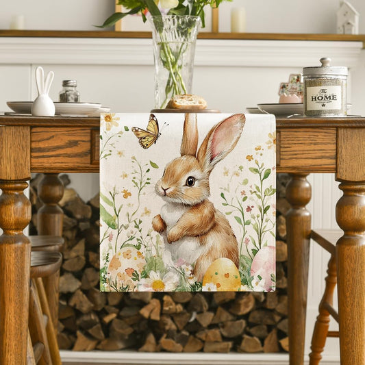 Bunny Rabbit Butterfly Eggs Flowers Easter Table Runner, Seasonal Spring Kitchen Dining Table Decoration for V1258-DP02-B-1633
