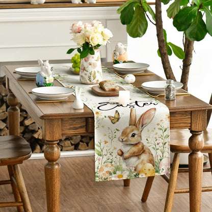 Bunny Rabbit Butterfly Eggs Flowers Easter Table Runner, Seasonal Spring Kitchen Dining Table Decoration for V1258-DP02-B-1633