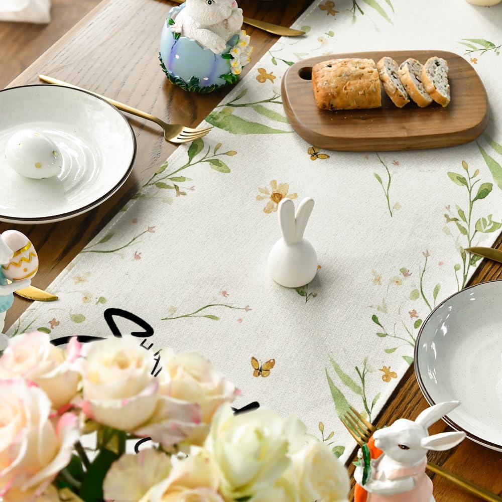 Bunny Rabbit Butterfly Eggs Flowers Easter Table Runner, Seasonal Spring Kitchen Dining Table Decoration for V1258-DP02-B-1633