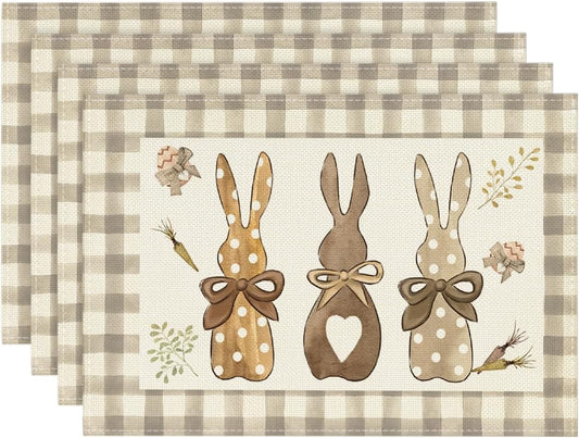 Buffalo Plaid Bunny Happy Easter Placemats Set of 4, 12x18 Inch Seasonal Holiday Table Mats for Party Kitchen V1258-DP02-B-1634