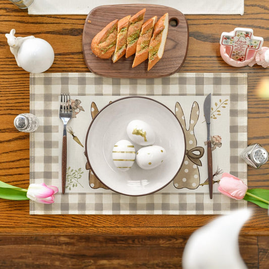 Buffalo Plaid Bunny Happy Easter Placemats Set of 4, 12x18 Inch Seasonal Holiday Table Mats for Party Kitchen V1258-DP02-B-1634