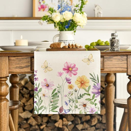 Flowers Butterfly Spring Table Runner, Seasonal Summer Kitchen Dining Table Decoration for Home Party Decor V1258-DP02-B-1635