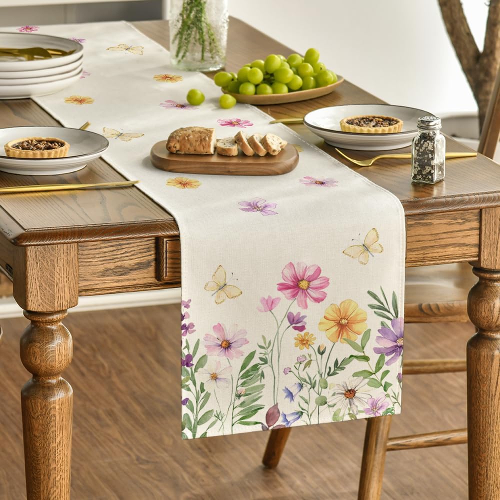 Flowers Butterfly Spring Table Runner, Seasonal Summer Kitchen Dining Table Decoration for Home Party Decor V1258-DP02-B-1635