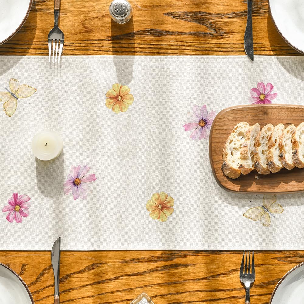 Flowers Butterfly Spring Table Runner, Seasonal Summer Kitchen Dining Table Decoration for Home Party Decor V1258-DP02-B-1635