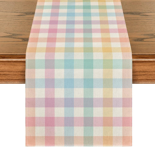 Blue Pink Yellow Buffalo Plaid Easter Table Runner, Daily Holiday Check Kitchen Dining Table Decoration for V1258-DP02-B-1636