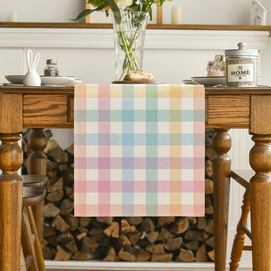 Blue Pink Yellow Buffalo Plaid Easter Table Runner, Daily Holiday Check Kitchen Dining Table Decoration for V1258-DP02-B-1636