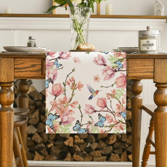 Flowers Bird Butterfly Spring Table Runner, Seasonal Kitchen Dining Table Decoration for Home Party Decor V1258-DP02-B-1638