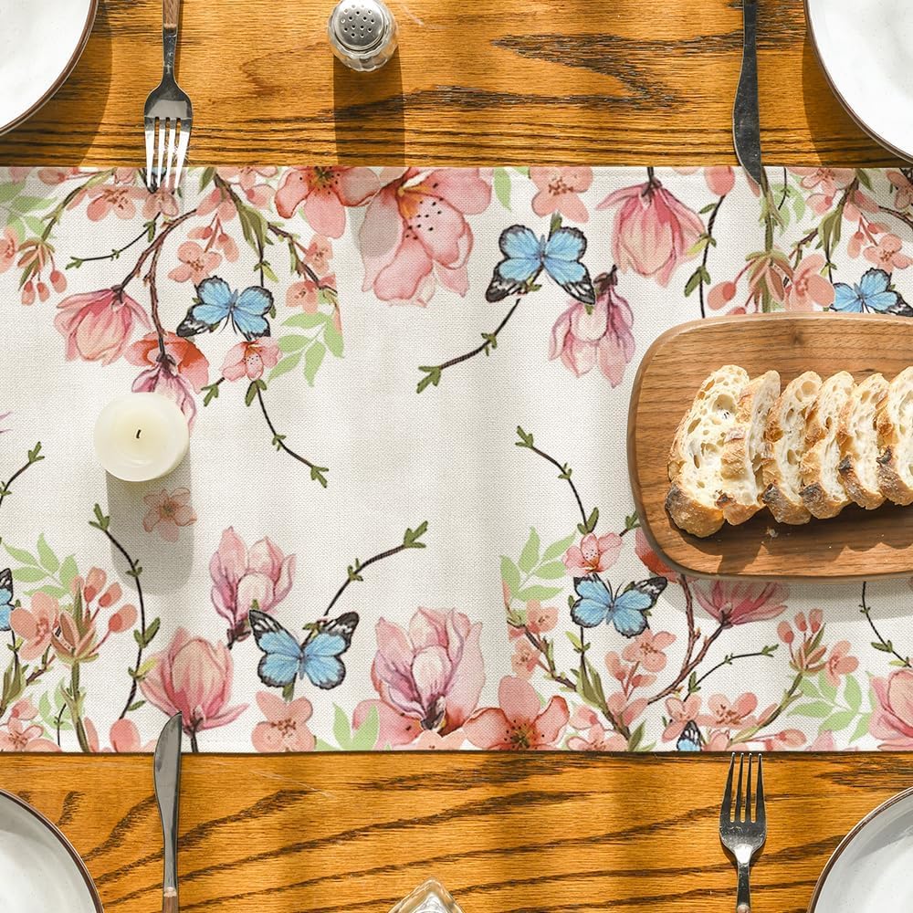 Flowers Bird Butterfly Spring Table Runner, Seasonal Kitchen Dining Table Decoration for Home Party Decor V1258-DP02-B-1638