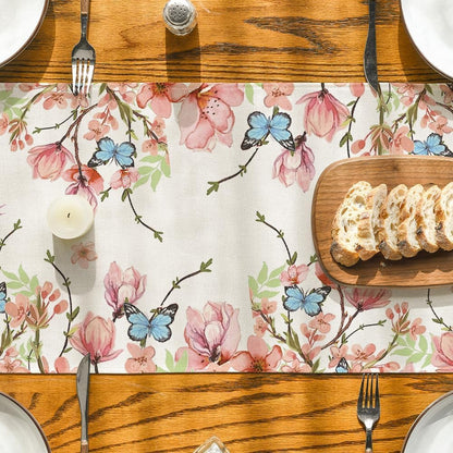 Flowers Bird Butterfly Spring Table Runner, Seasonal Kitchen Dining Table Decoration for Home Party Decor V1258-DP02-B-1638