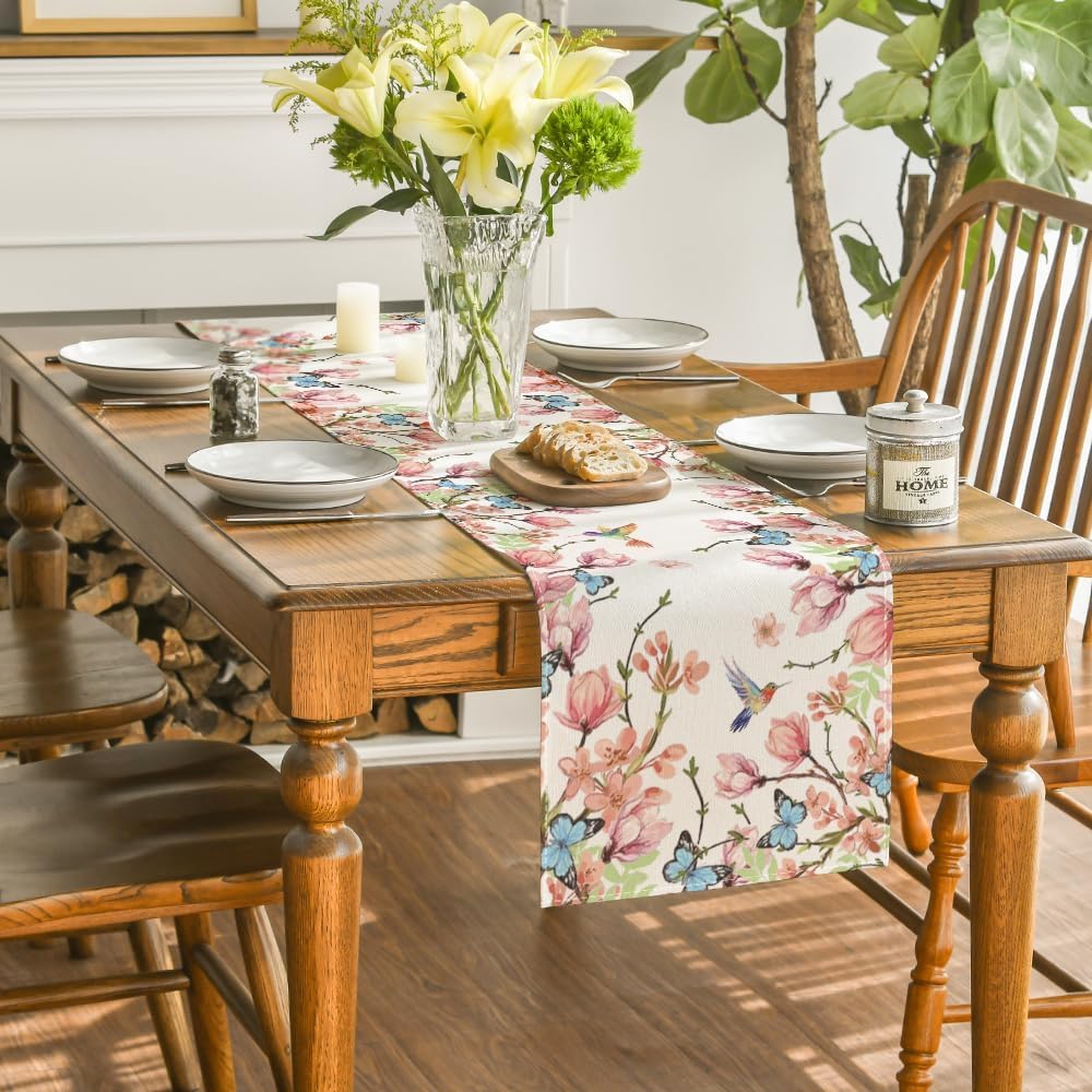 Flowers Bird Butterfly Spring Table Runner, Seasonal Kitchen Dining Table Decoration for Home Party Decor V1258-DP02-B-1638