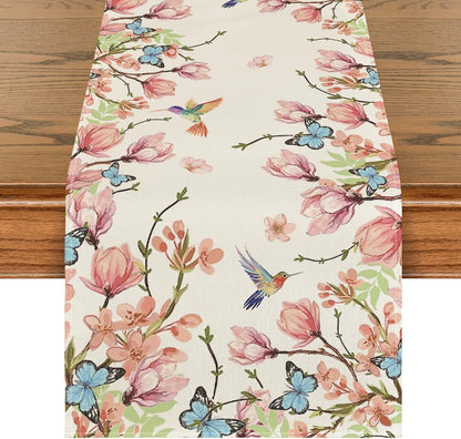Flowers Bird Butterfly Spring Table Runner, Seasonal Kitchen Dining Table Decoration for Home Party Decor V1258-DP02-B-1638