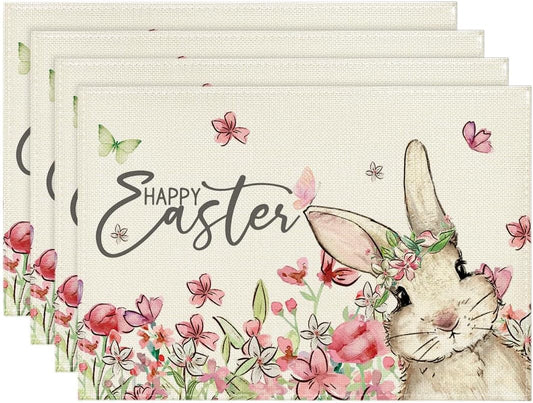 Floral Bunny Rabbit Easter Placemats Set of 4, 12x18 Inch Seasonal Spring Table Mats for Party Kitchen Dining V1258-DP02-B-1639