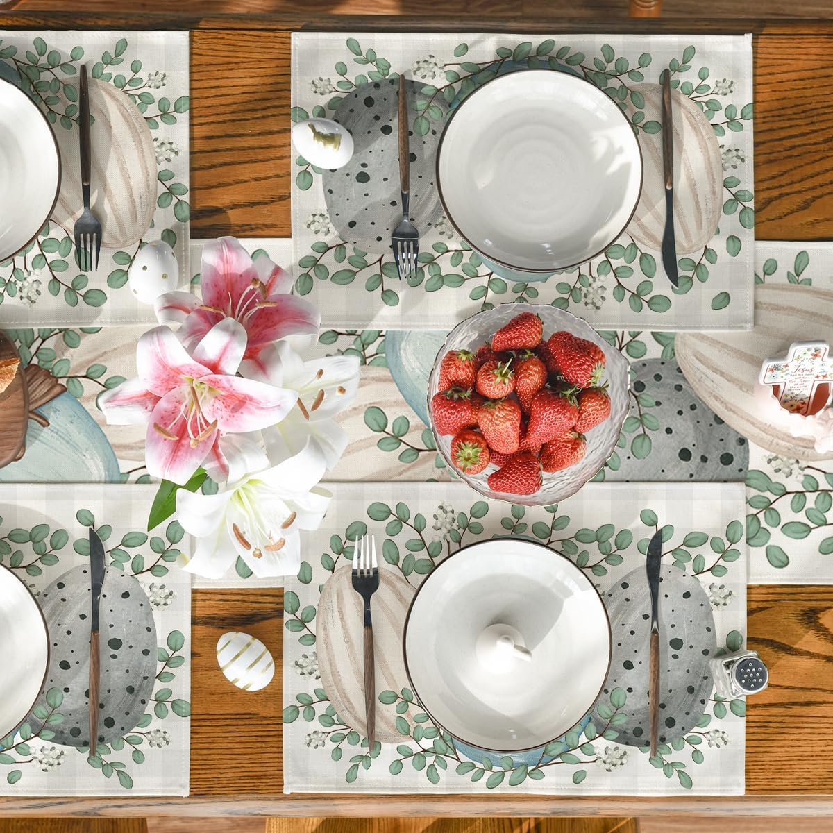 Eucalyptus Eggs Easter Placemats Set of 4, 12x18 Inch Spring Seasonal Table Mats for Party Kitchen Dining V1258-DP02-B-1640