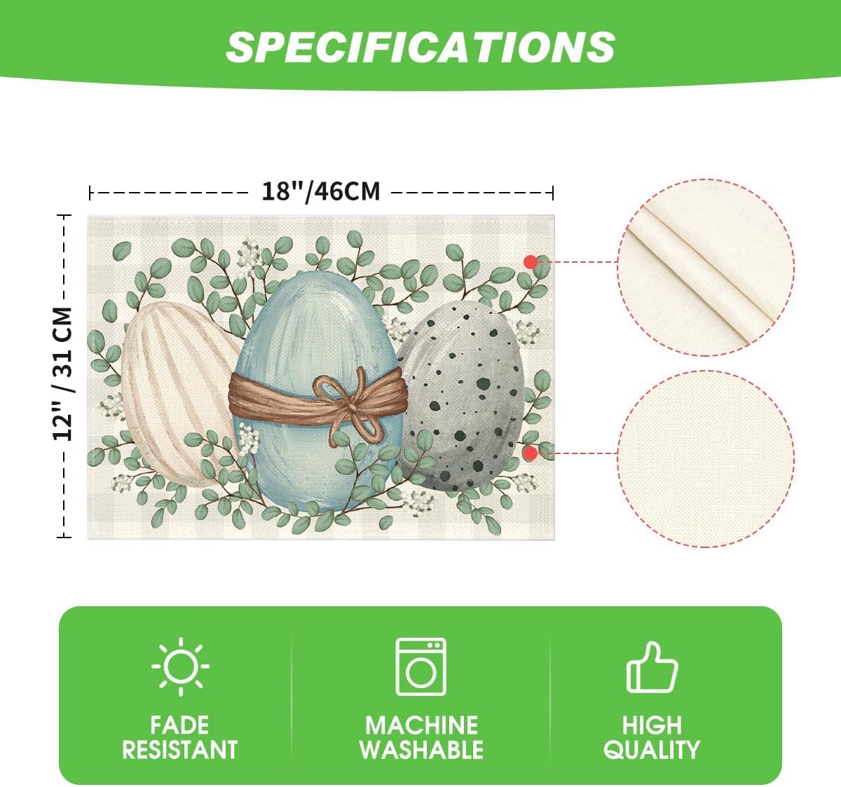 Eucalyptus Eggs Easter Placemats Set of 4, 12x18 Inch Spring Seasonal Table Mats for Party Kitchen Dining V1258-DP02-B-1640