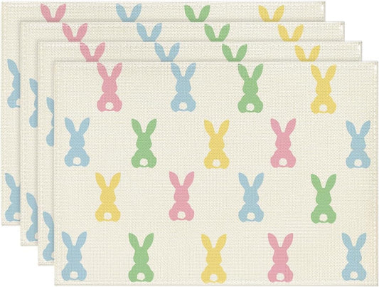 Colorful Bunny Rabbit Easter Placemats Set of 4, 12x18 Inch Seasonal Table Mats for Party Kitchen Dining V1258-DP02-B-1642
