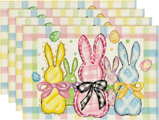 Colorful Buffalo Plaid Bunny Rabbits Happy Easter Placemats Set of 4, 12x18 Inch Seasonal Spring Holiday V1258-DP02-B-1643