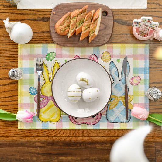 Colorful Buffalo Plaid Bunny Rabbits Happy Easter Placemats Set of 4, 12x18 Inch Seasonal Spring Holiday V1258-DP02-B-1643