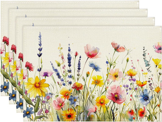 Daisy Lavender Floral Leaves Spring Placemats Set of 4,12x18 Inch Seasonal Spring Table Mats for Party V1258-DP02-B-1645