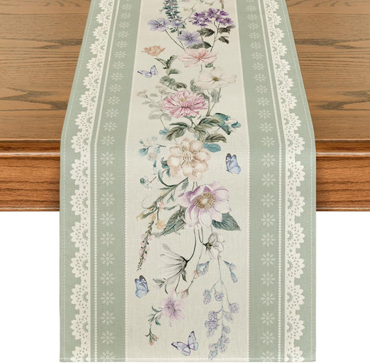 Green Printed Lace Floral 210 GSM Spring Table Runner, Seasonal Summer Kitchen Dining Table Decoration for V1258-DP02-B-1647