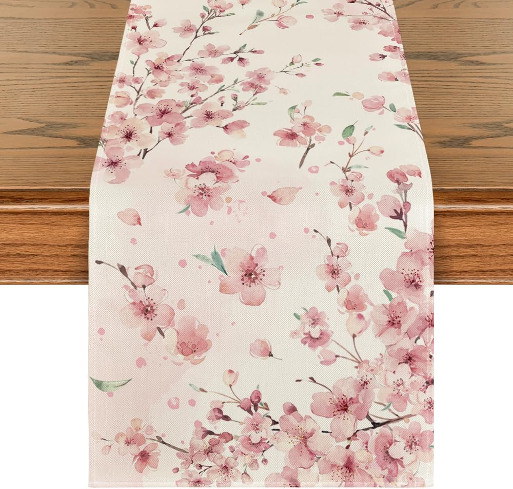 Floral Cherry Blossoms Branches Summer Table Runner, Seasonal Spring Kitchen Dining Table Decoration for Home V1258-DP02-B-1648