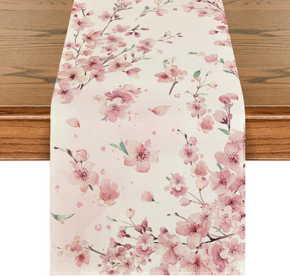 Floral Cherry Blossoms Branches Summer Table Runner, Seasonal Spring Kitchen Dining Table Decoration for Home V1258-DP02-B-1648