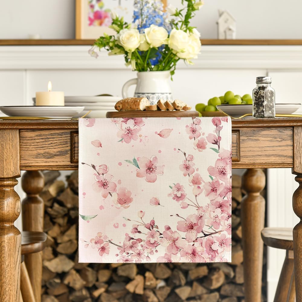 Floral Cherry Blossoms Branches Summer Table Runner, Seasonal Spring Kitchen Dining Table Decoration for Home V1258-DP02-B-1648