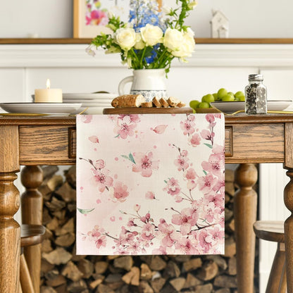 Floral Cherry Blossoms Branches Summer Table Runner, Seasonal Spring Kitchen Dining Table Decoration for Home V1258-DP02-B-1648