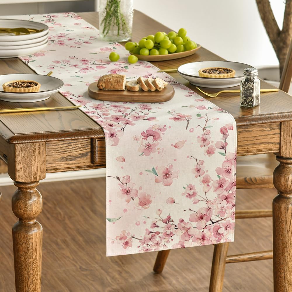 Floral Cherry Blossoms Branches Summer Table Runner, Seasonal Spring Kitchen Dining Table Decoration for Home V1258-DP02-B-1648