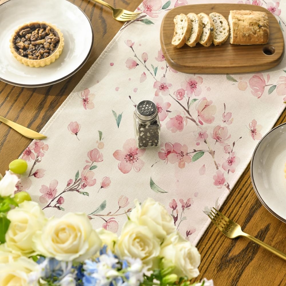 Floral Cherry Blossoms Branches Summer Table Runner, Seasonal Spring Kitchen Dining Table Decoration for Home V1258-DP02-B-1648