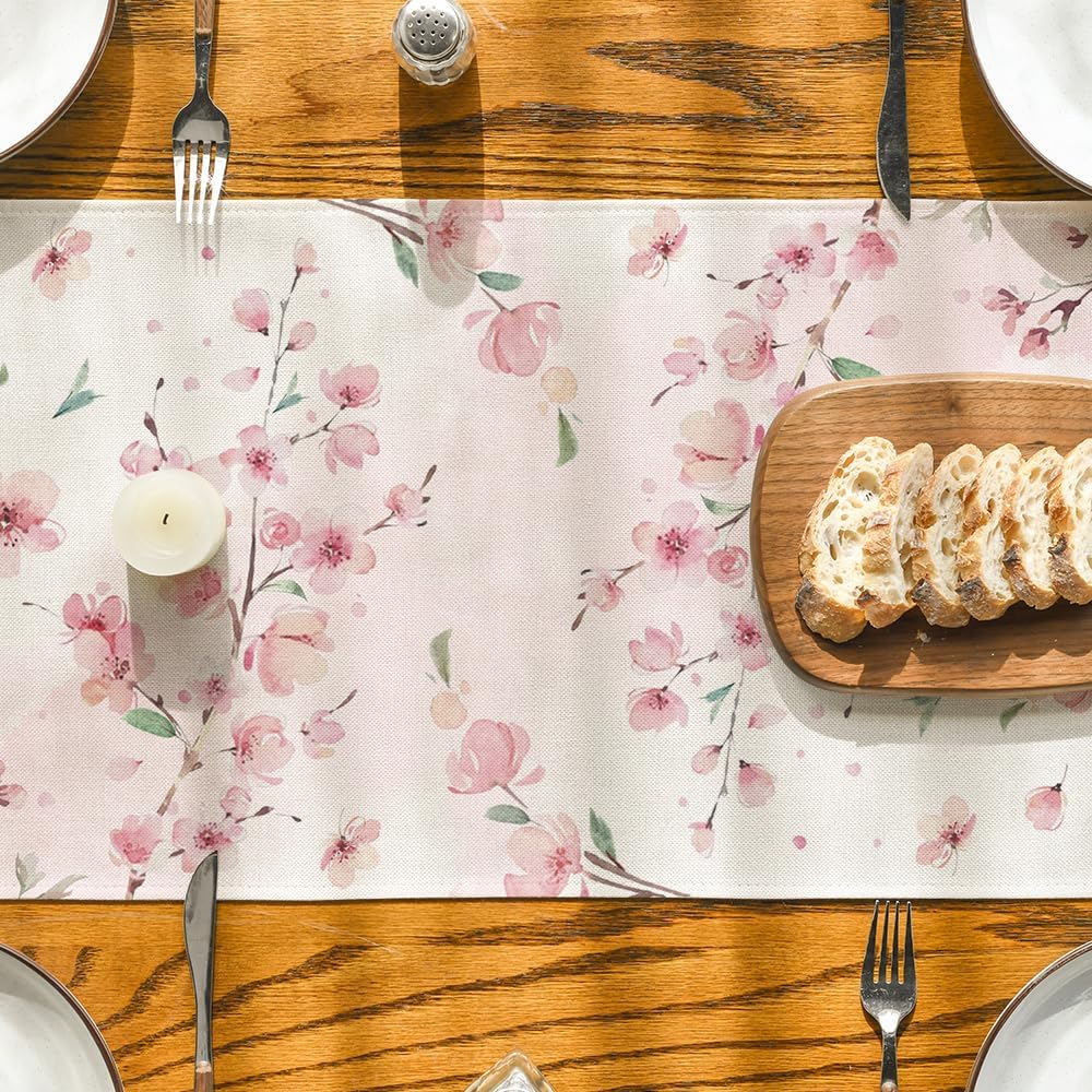 Floral Cherry Blossoms Branches Summer Table Runner, Seasonal Spring Kitchen Dining Table Decoration for Home V1258-DP02-B-1648