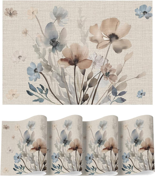 Brown Poppy Floral Vinyl Plastic Placemats Set of 4, Washable Non-Slip PVC Table Mats for Party Kitchen V1258-DP02-B-1649