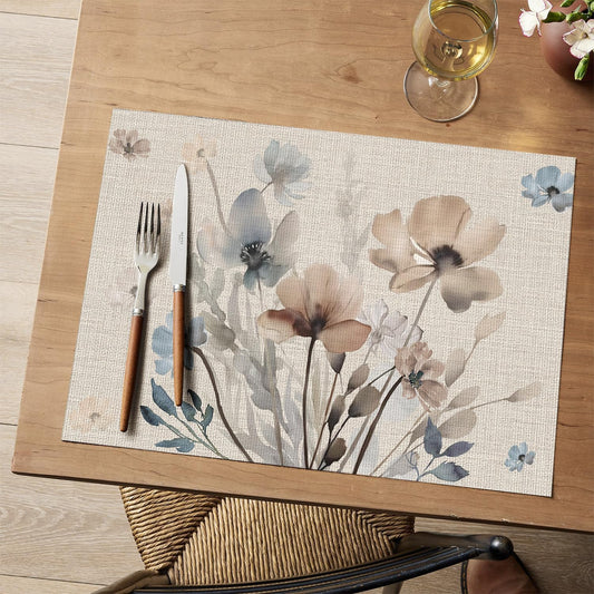 Brown Poppy Floral Vinyl Plastic Placemats Set of 4, Washable Non-Slip PVC Table Mats for Party Kitchen V1258-DP02-B-1649