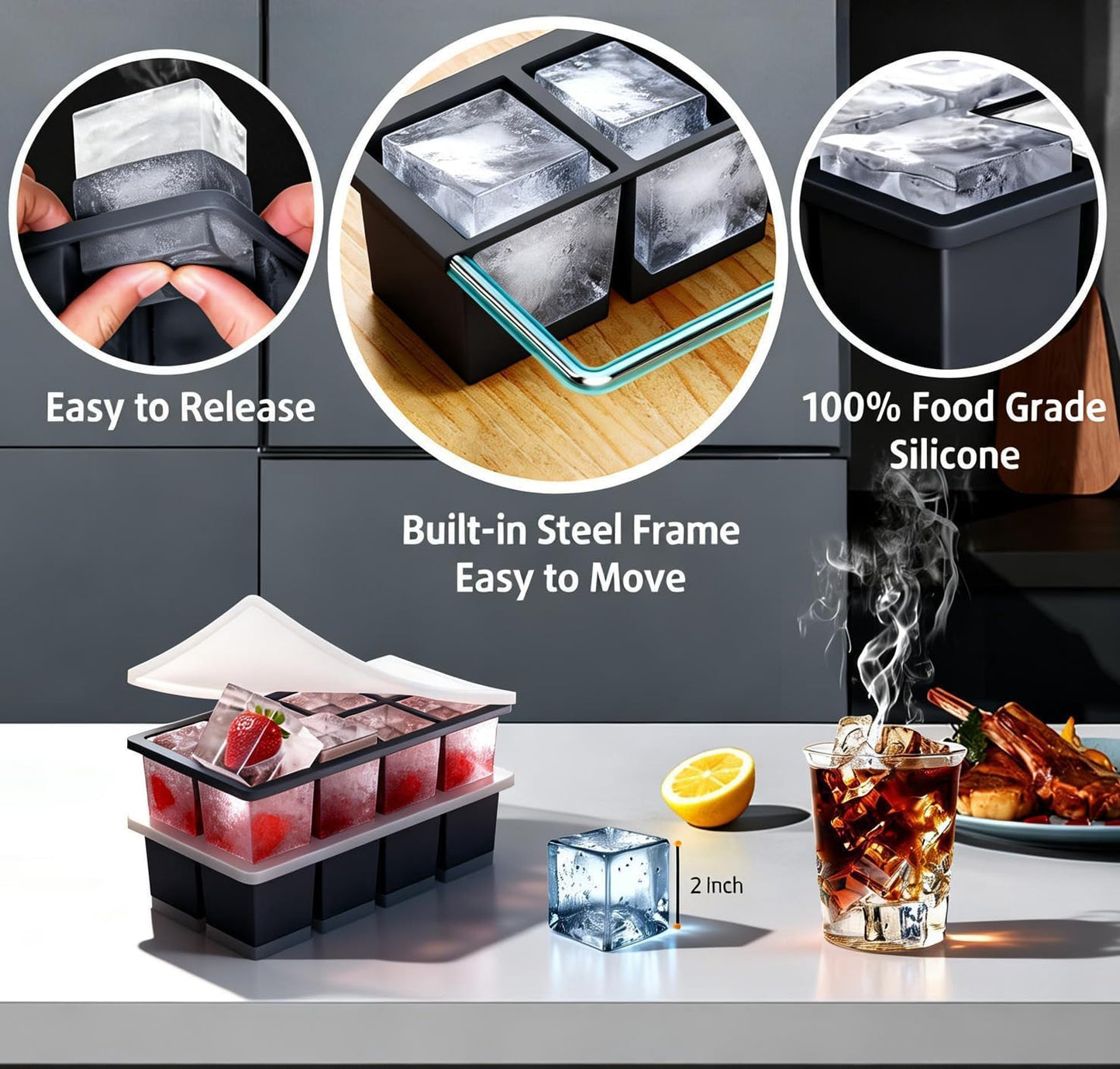 2-Pack Large Ice Cube Trays for Whiskey, Stackable & Easy-Release Silicone Square 2-inch Ice Cube Maker Mold V1258-DP02-B-165